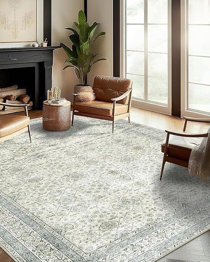 ReaLife Rugs Machine Washable Area Rug Runner - Living Room Bedroom Bathroom Kitchen Entryway Office - Padded Low Pile Stain Resistant Premium - Boho Farmhouse Vintage - BEV - Green 3' x 5'