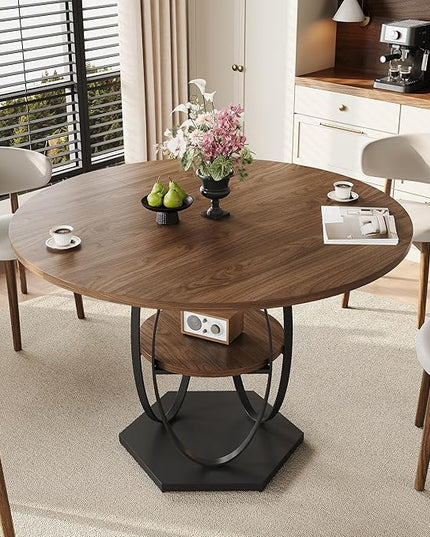 Round Dining Table for 4, 3-Tier Dinner Room Tables with Storage Shelf, Space Saving Small Kitchen Table, Farmhouse Dinner Table with Wooden Tabletop and Hexagonal Base (Walnut, 42inch)
