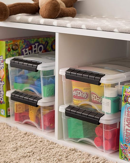 IRIS USA 6 Quart Stackable Plastic Storage Bins with Lids, 3 Pack - BPA-Free, Made in USA - See-Through Organizing Solution, Latches, Durable Nestable Containers, Secure Pull Handle - Clear/Black