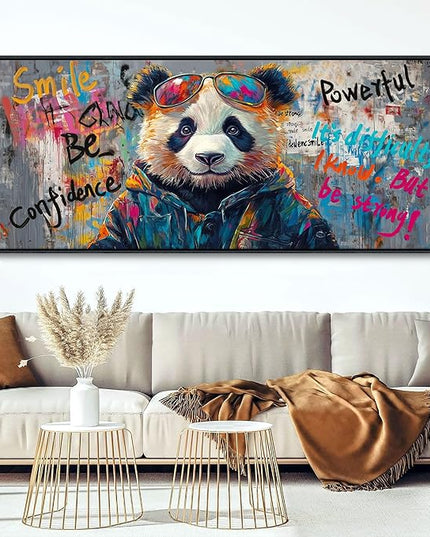 JEAWA Framed Canvas Wall Art - Extra Large Panda Abstract Graffiti Street Art Wall Picture Black and White Paintings Ready to Hang Living Room Bedroom Home Office Inspirational Decor 31.5x70 IN