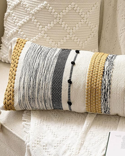 BlissBlush Decorative Lumbar Throw Pillow Cover 14x36 Boho Long Cushion for Bed Yellow Mustard Accent Farmhouse Pillowcase for Bedroom Living Room Couch Sofa Home Décor Cover ONLY