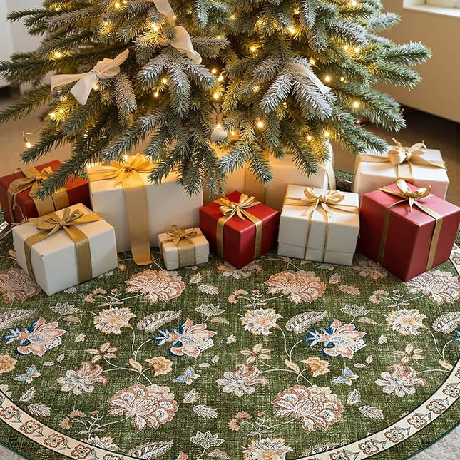 jinchan Elora 7ft Floral Round Rug for Washable Living Room Rug Vintage Romance Christmas Design Non Slip Indoor Floor Cover Lightweight Low-Profile Throw Carpet for Bedroom Porch Patio, Green