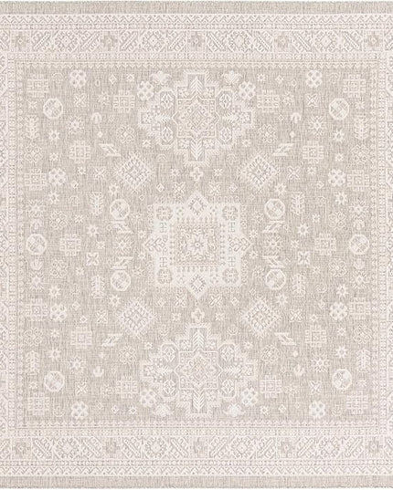 Rugs.com Outdoor Aztec Collection Rug – 10 Ft Square Light Gray Flatweave Rug Perfect for Living Rooms, Kitchens, Entryways