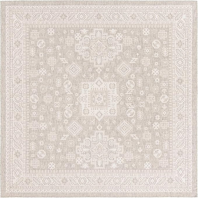 Rugs.com Outdoor Aztec Collection Rug – 10 Ft Square Light Gray Flatweave Rug Perfect for Living Rooms, Kitchens, Entryways