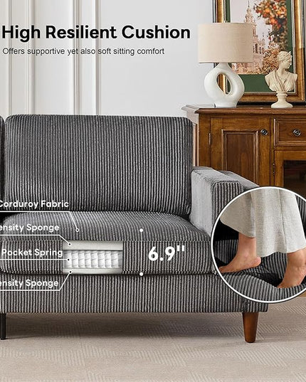 Tbfit 85" Corduroy Couch for Living Room, 3 Seater Mid Century Modern Sofa with Spring Cusions & Extra Deep Seat for Bedroom, Small Comfy Upholstered Couches Easy Assembly with Solid Wood Legs, Grey