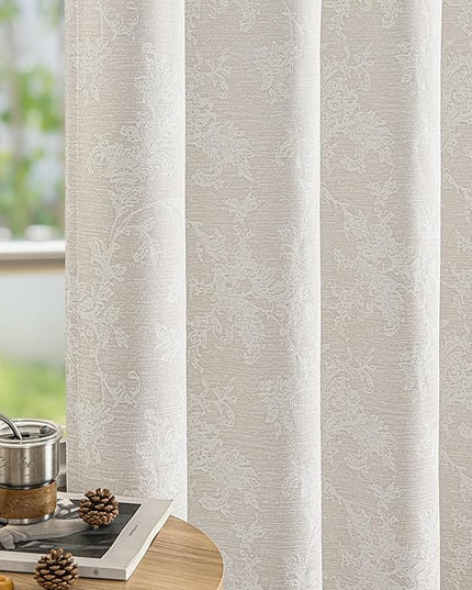 FMFUNCTEX Beige Floral Jacquard Blackout Curtains 108 Inches Long for Bedroom, Scroll Flower Chenille Farmhouse Curtains for Living Room Darkening Thermal Insulated Grommet Window Drapes 2 Panels