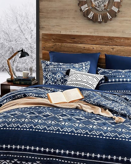 Geniospin King Size Comforter Set - 7 Pieces Comforters King Size, Warm Fluffy Boho Bedding Sets for All Seasons, Bed in a Bag with Flat Sheet and Fitted Sheet, Pillowcase & Sham (Blue, 102''x90'')