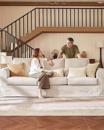 89" 3-Seater Couch, Farmhouse Slipcovered Sofa with Washable Cover, Supportive Cushions & Sturdy Frame, Rolled Arm Beige Couches for Living Room, Small Spaces, Apartment, Office, Easy Assembly