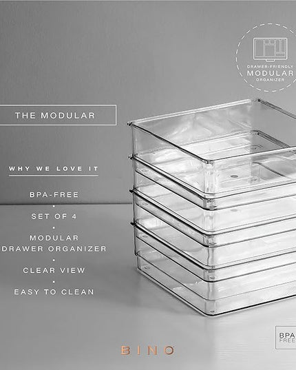 BINO | 4-Piece Drawer Organizer Bin Set | THE MODULAR | Multi-Purpose Storage | Durable | BPA-Free | Desk Drawer Organizer | Vanity Bathroom Makeup