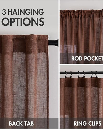 MIULEE Chocolate Brown Linen Curtains 63 Inch Length 2 Panels for Bedroom Living Room, Soft Thick Linen Textured Natural Window Drapes Semi Sheer Light Filtering Back Tab Rod Pocket Burlap Look Decor