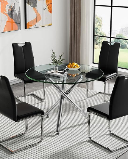 HomVent Round Glass Dining Table Set for 4, 5-Piece Modern Kitchen Table Set with 4 PU Upholstered Chair for Kitchen Dining Room, Glass Dining Room Table Set