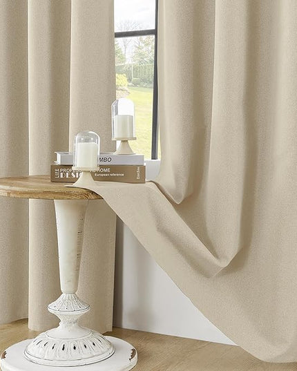 ChrisDowa 100% Blackout Natural Solid Solid Curtains 96 Inches Long 2 Panels for Bedroom Living Room,Farmhouse Room Darkening Thermal Insulated Soundproof Grommet Top Window Treatment Drapes,52x96