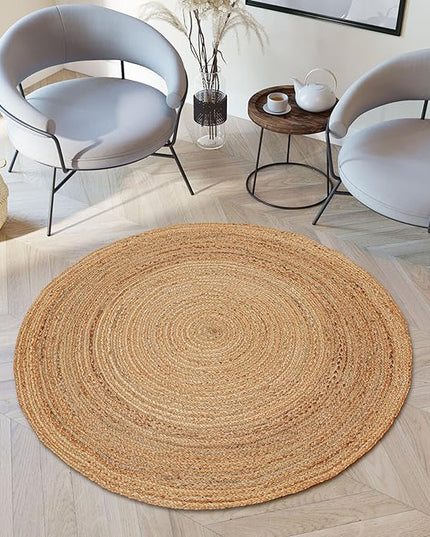 Hand Woven Jute Area Rug - 8' Round - Rustic Beige Reversible Farmhouse Rugs for Living Room, Bedroom, Kitchen - Vintage Natural Braided Entry Floor Décor Circle Boho Round Rugs 8ft