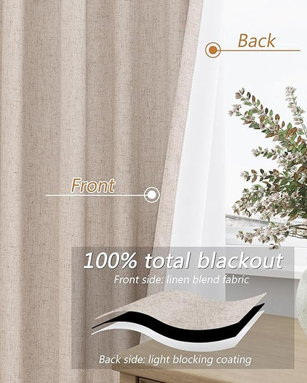 Guken Oatmeal Linen Blackout Curtains 72 Inch Length 2 Panels Set for Living Room Bedroom Back Tab Thermal Insulated 100% Black Out Linen Drapes Room Darkening Window Curtains 72 Inches Long