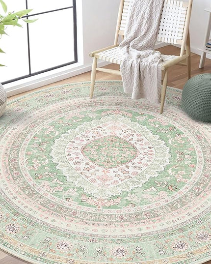 Round Area Rugs 6ft Washable,Green Rug for Living Room Bedroom Dining Room,Large Boho Vintage Bohemian Distressed Oriental Carpet Non Slip,Sage Blush Floral