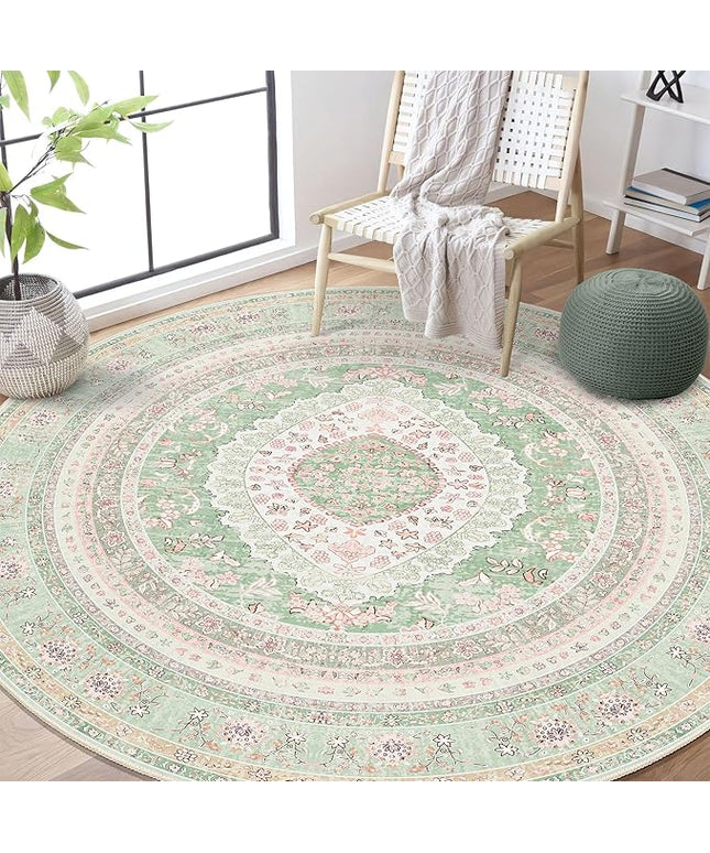 Round Area Rugs 6ft Washable,Green Rug for Living Room Bedroom Dining Room,Large Boho Vintage Bohemian Distressed Oriental Carpet Non Slip,Sage Blush Floral