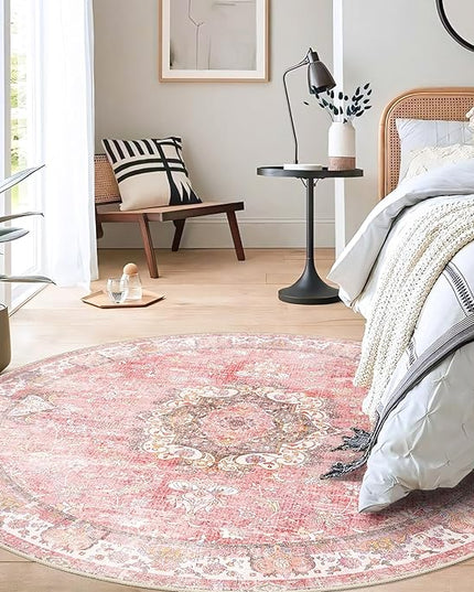 Pink Round Rug 5ft, Circle Boho Area Rugs for Bedroom Living Room Bedside,Washable Vintage Bohemian Distressed Oriental Floral Carpet Non Slip,Blush Floral Flowers