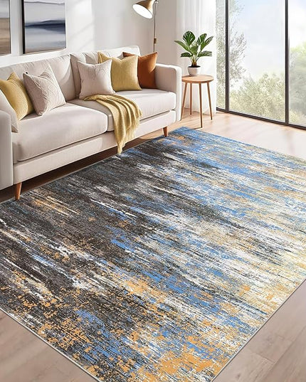 Washable Rug 5x7 Abstract Area Rug for Living Room, Non Slip Foldable Soft Rugs for Bedroom, Stain Resistant Rugs Modern Fuzzy Rug, Indoor Floor Carpet for Entryway Home, Blue/Brown