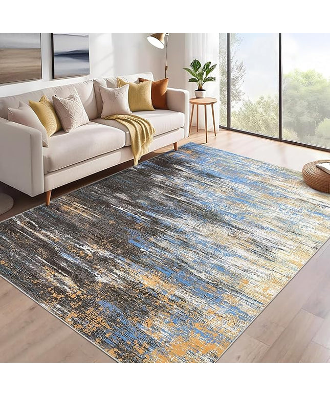 Washable Rug 5x7 Abstract Area Rug for Living Room, Non Slip Foldable Soft Rugs for Bedroom, Stain Resistant Rugs Modern Fuzzy Rug, Indoor Floor Carpet for Entryway Home, Blue/Brown