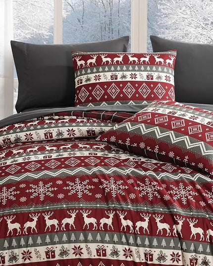 MaiRêve Christmas Twin XL Comforter Set, Red Reindeer Snowflake Bed Set for Holiday, Reversible Plaid Checkered Comforter Bed in a Bag, Soft Bedding Set 5 Pieces with Sheets, Pillowcase & Sham