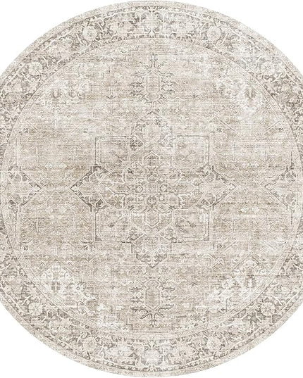 ReaLife Rugs Machine Washable Area Rug - Living Room Bedroom Bathroom Kitchen Entryway Office - Padded Low Pile Stain Resistant Premium - Boho Farmhouse Vintage - Lyle - Beige Ivory 4' Round