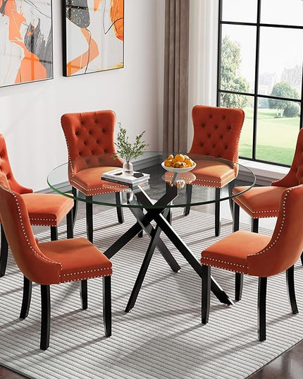 HomVent 7 Piece Round Glass Dining Table Set, Tempered Glass Dinner Table Set for 6 Kitchen Table Set with 6 Velvet Upholstered Chairs for Kitchen Dining Room