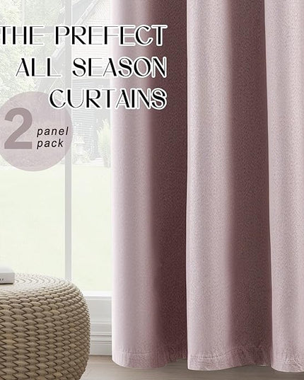 Linen Blackout Pink Curtains 132 Inch Length 2 Panels Set for Living Room Bedroom, 100% Blackout 2 Story Curtains, Thermal Insulated Room Darkening Grommet Drapes, Pink, W52 x L132, 2 Panels