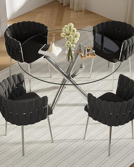 Modern Luxury Round Glass Dining Table Set for 4, 47'' Clear Circle Glass Top Kitchen Set, 5 PCS Large Minimalist Circular Dinner Room Set, Black Woven Chair, for Breakfast Nook (Silver)
