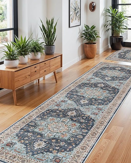 Washable Oriental Hallway Runner Rug - 3x10 Rugs for Living Room Soft Carpet for Bedroom Kitchen Waterproof Floral Distressed Indoor Stain Resistant Non-Shedding Floor Carpets (Blue/Teal/Orange, 3X10)