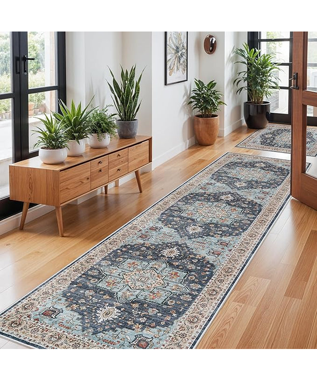 Washable Oriental Hallway Runner Rug - 3x10 Rugs for Living Room Soft Carpet for Bedroom Kitchen Waterproof Floral Distressed Indoor Stain Resistant Non-Shedding Floor Carpets (Blue/Teal/Orange, 3X10)