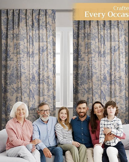 Maison d' Hermine Curtains for Living Room 100% Cotton 96 inch Length Two Panels Light Filtering Toile Curtains for Bedroom Windows with Rod and Loop Pockets Drapes (The Miller Blue, 50" W x 96" L)