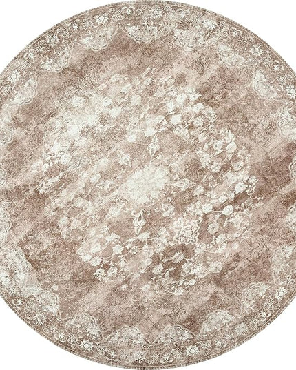 jinchan Round Rug 4ft Area Rug - Brown Vintage Floor Mat Kitchen Indoor - Washable Circle 4' Thin Floral Print Carpet Retro Farmhouse Non Slip Dining Room Living Room Bedroom Office