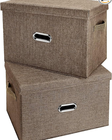Large Linen Fabric Foldable Storage Bins with Removable Lid and Handles, Washable Storage Box Organizer Containers Baskets Cube with Cover for Bedroom,Closet,Office (Coffee, Large(2-Pack))