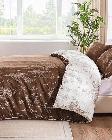Love's cabin Chocolate Twin Comforter Set - Twin XL Size Comforter Set Dorm Bedding, 2 Pieces Cute Floral Bedding, Reversible Flowers Comforter, 1 Comforter & 1 Pillow Sham