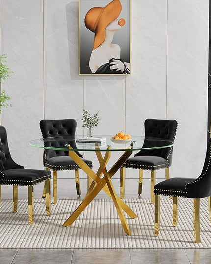Round Glass Dining Table Set for 4, 47'' Clear Circular Kitchen Table and Chairs Set, 5PCS Modern Circle Dining Room Table Set with 4 Velvet Dining Chair for Home