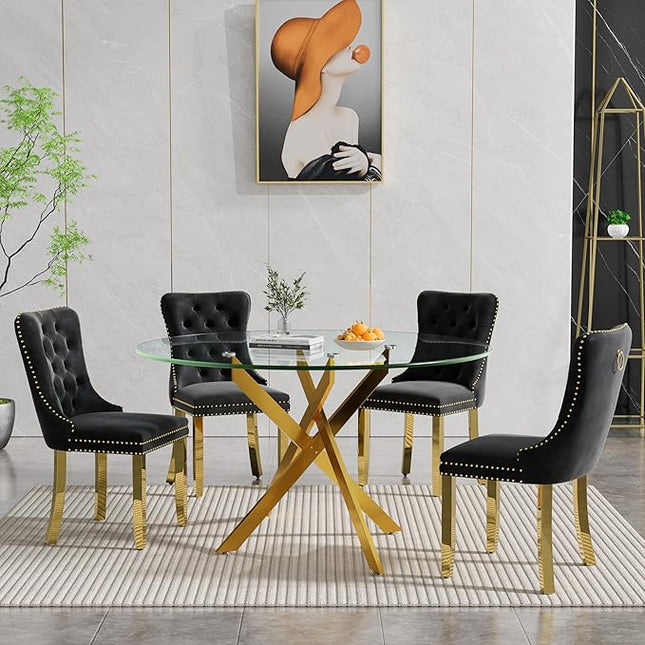 Round Glass Dining Table Set for 4, 47'' Clear Circular Kitchen Table and Chairs Set, 5PCS Modern Circle Dining Room Table Set with 4 Velvet Dining Chair for Home