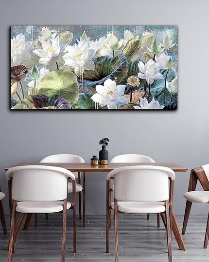GUGIKA Flower Wall Art for Living Room, White Lotus Canvas Print Painting, Floral Picture Decor for Bedroom, Large Size 59x29 Inches