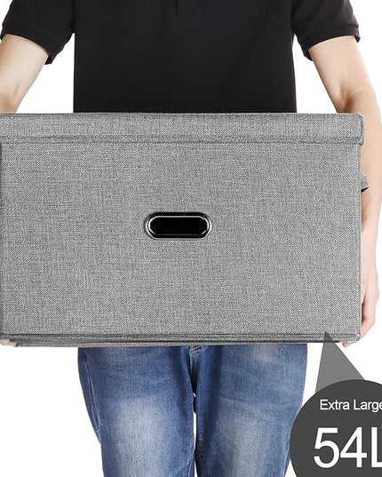 Large Linen Fabric Foldable Storage Bins with Removable Lid and Handles, Washable Storage Box Organizer Containers Baskets Cube with Cover for Bedroom,Closet,Office,Nursery (Grey, Extra Large)