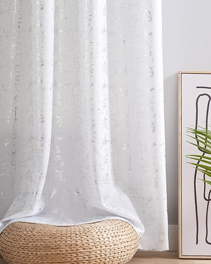 Taisier Home Silver Foil Print Linen Textured Curtains - Geometric Dots Pattern Design for Nursery, Toy Room - Thermal Insulated Window Treatment, 2 Panels, 45" L, White and Silver