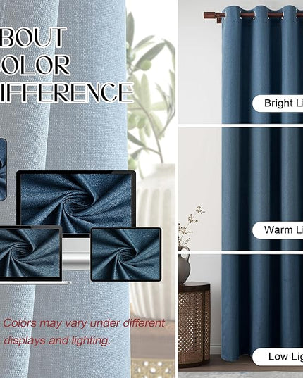 100% Blackout Linen Curtains 90 Inch Length for Living Room, Modern Farmhouse Soundproof Privacy Lightweight Bedroom Window Drapes, Denim Blue, W52 x L90, 2 Panels