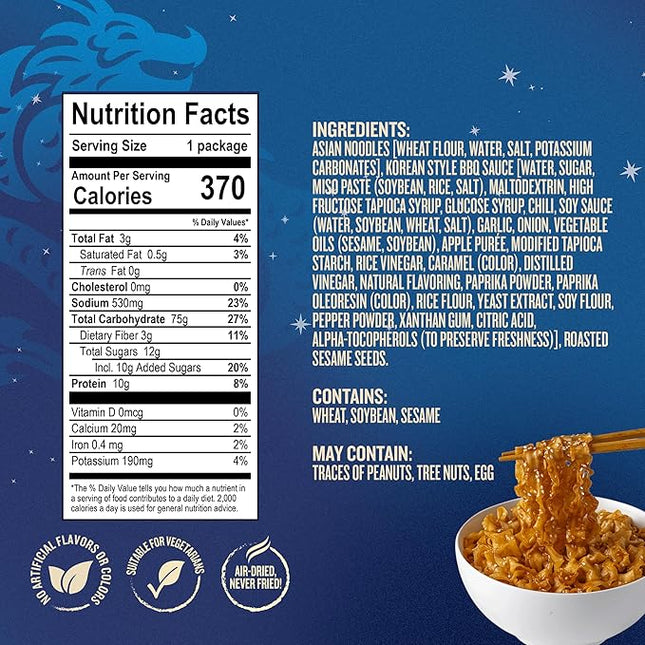 Blue Dragon Korean BBQ Saucy Noodles 4.2 oz (Pack of 3) – Knife-Cut Noodles with Korean-Style BBQ Sauce – Air-Dried, Never Fried – Vegetarian Friendly