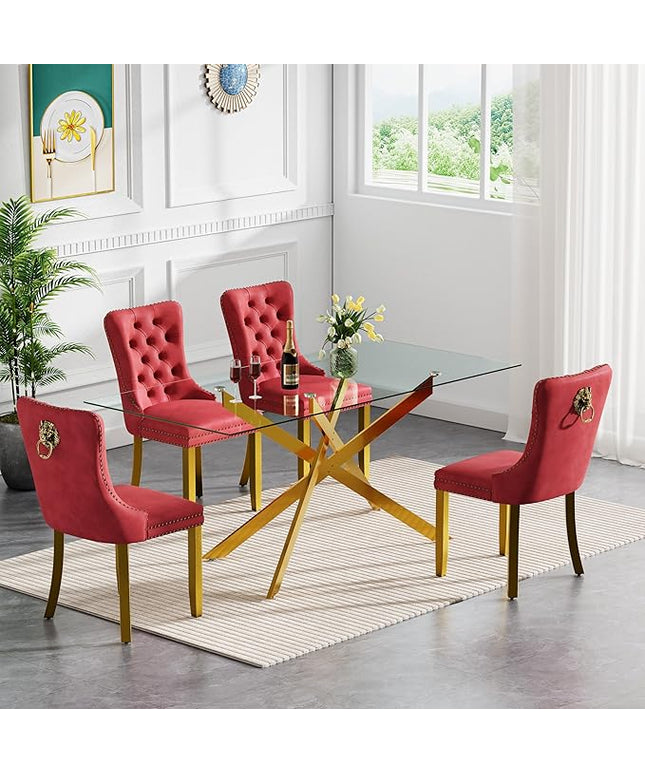 Modern 5-Piece Glass Dining Table Set for 4, Modern 60" Rectangle Gold Glass Dining Room Table Set with Wine Red Velvet Tufted Chairs Wood Legs for Kitchen Dining Room