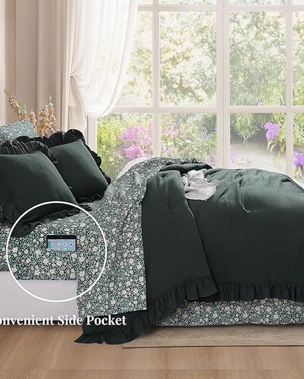 King Comforter Set - 7 Pieces Ruffle Forest Green Bedding Sets, Shabby Chic Farmhouse Bed in a Bag with Ruffle Comforter, Floral Sheets, Pillowcases & Shams