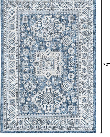 Rugs.com Outdoor Aztec Collection Rug – 4' x 6' Blue Flatweave Rug Perfect for Living Rooms, Large Dining Rooms, Open Floorplans