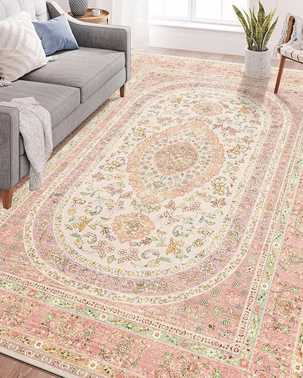6x9 Area Rugs Washable,Pink Rug for Living Room Bedroom Kitchen,Large Boho Vintage Bohemian Distressed Farmhouse Carpet Non Slip,Blush Floral