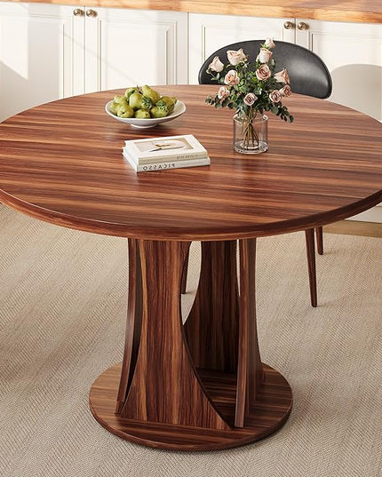 Round Dining Table for 4-6, Kitchen Table with Sturdy Double Arc & Rounded Base & Backboard Clasp Desktop, Mid-Century Modern Circle Dinner Table for Dining Living Room, Space Saving, Walnut