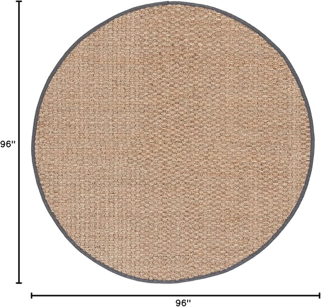 SAFAVIEH Area Rug 8' Round - Natural Fiber Collection - Natural & Dark Grey, Seagrass, Basketweave Pattern with Border (NF114Q)