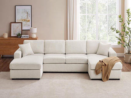 VANOMi 118'' U Shaped Sectional Sofa Couch, Corduroy Fabric Modern Cozy Jumbo Size 4-Seater Living Room Couch, Double Chaise Longue, Beige