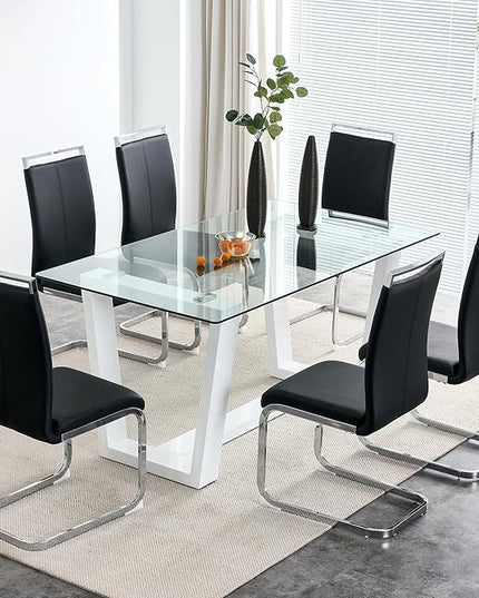 Ebullient Glass Dining Table Set for 6, Modern Dining Table Set for 6, Tempered Glass Tabletop with White MDF Trapezoid Legs, Rectangle Kitchen Table with 6 Faux Leather Chairs for Home, Apartment