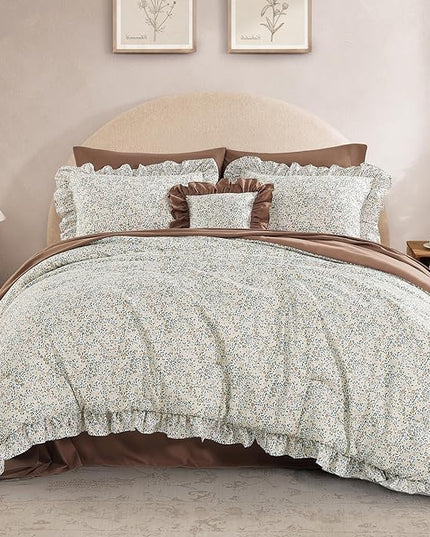 Twin XL Comforter Set - 5 Pieces Ruffle Beige Ditzy Bedding Sets, Shabby Chic Farmhouse Bed in a Bag Twin XL with Floral Comforter, Sheets, Pillowcase & Sham